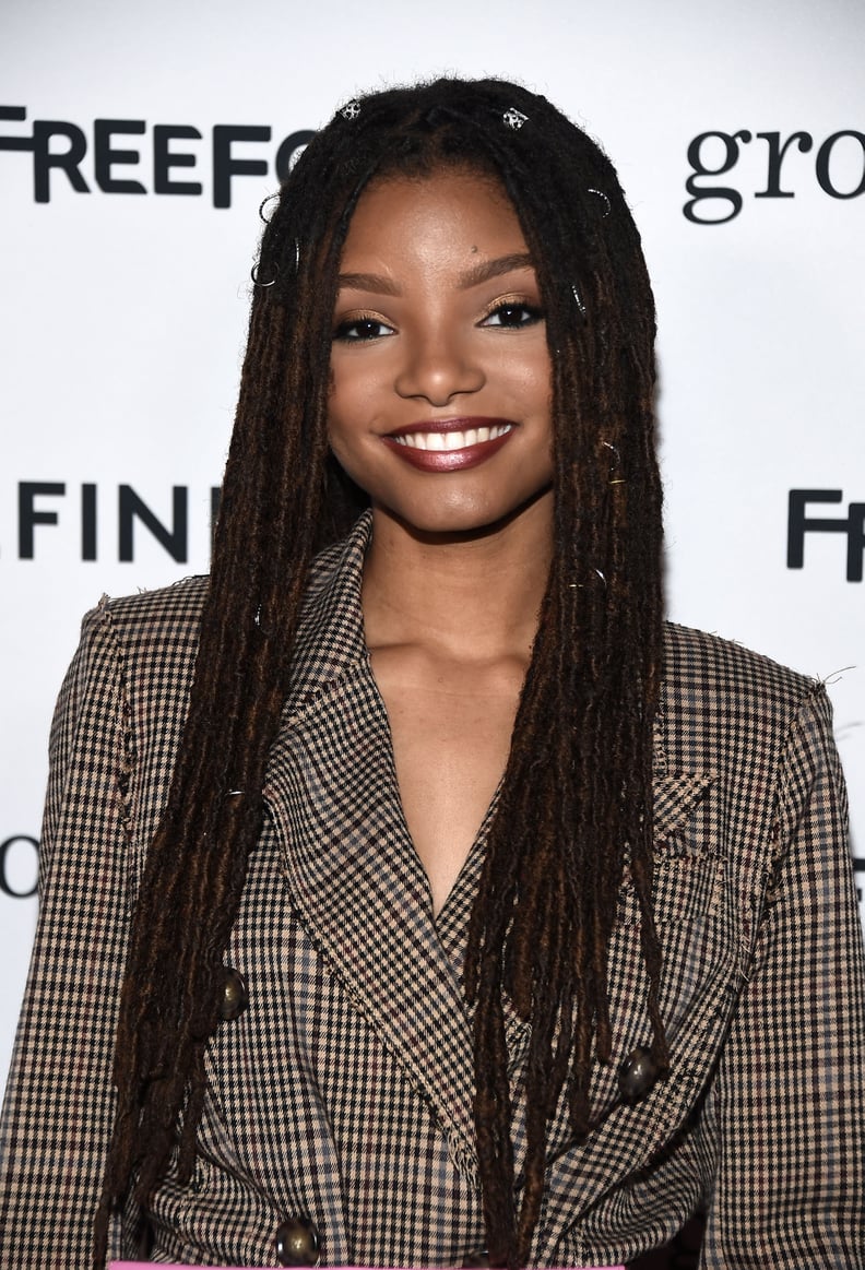 Halle Bailey in a Dark Brown Lip