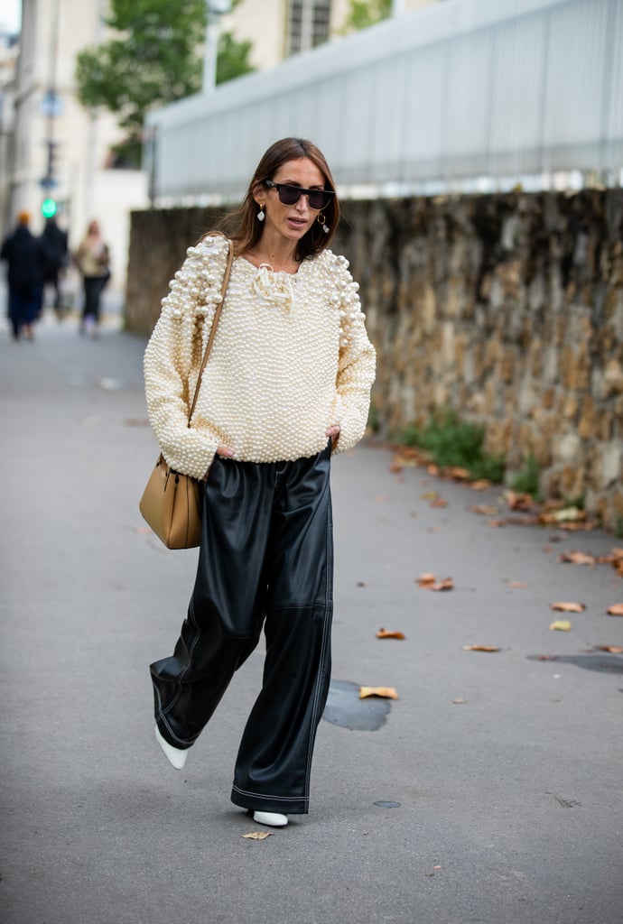 Leather Pants Outfit Idea: Baggy Leather Trousers + Cozy Sweater
