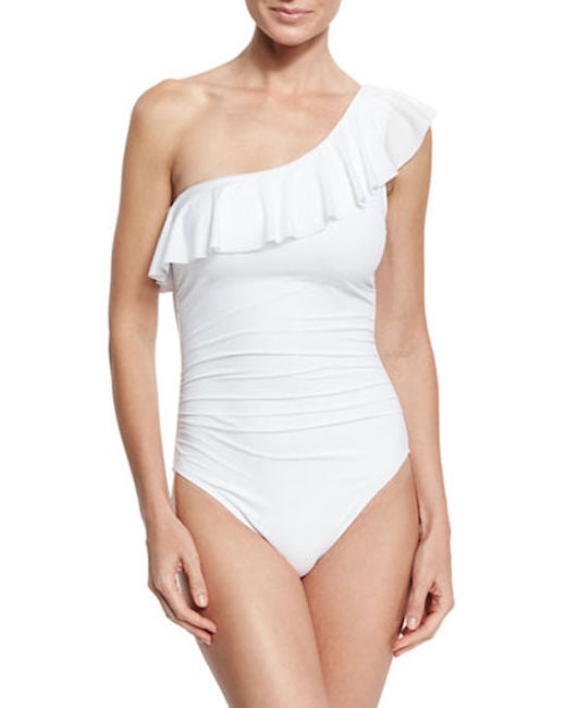 Another way to wear white this season? Choosing a sleekLaBlanca Flirtatious One-Shoulder Ruffle Swimsuit ($129).