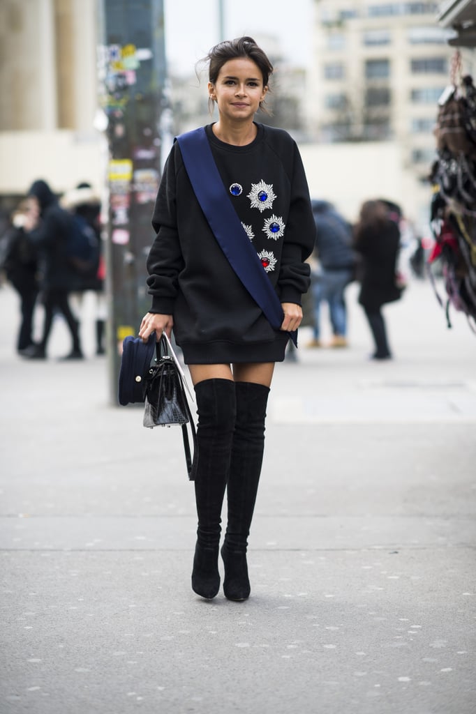 Another style win for Miroslava Duma in an oversize, jeweled sweatshirt and over-the-knee boots. 
Source: Le 21ème | Adam Katz Sinding