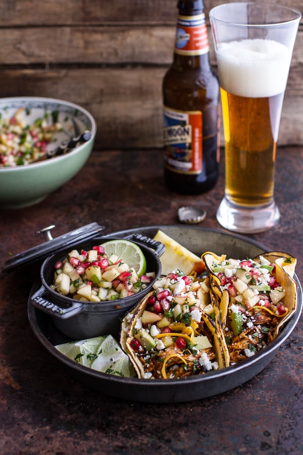 Spicy Beer-Braised Chicken Enchilada Tacos With Sweet Chili Apple-Pomegranate Salsa