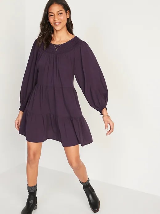 Old Navy Long-Sleeve Tiered Smocked Embroidered Mini Swing Dress