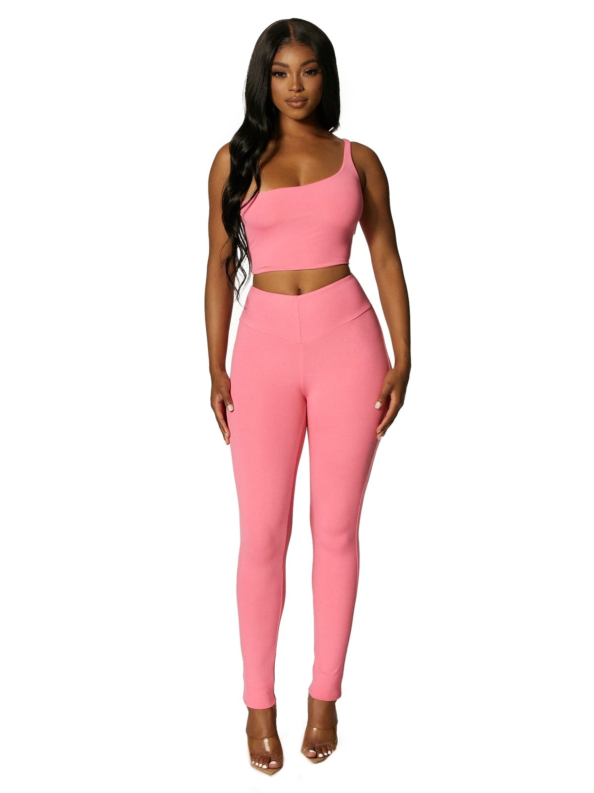 Naked Wardrobe Under My Skin Leggings, Normani Stops Time in Her All-Pink  Athleisure Set and Strappy Lace-Up Sandals