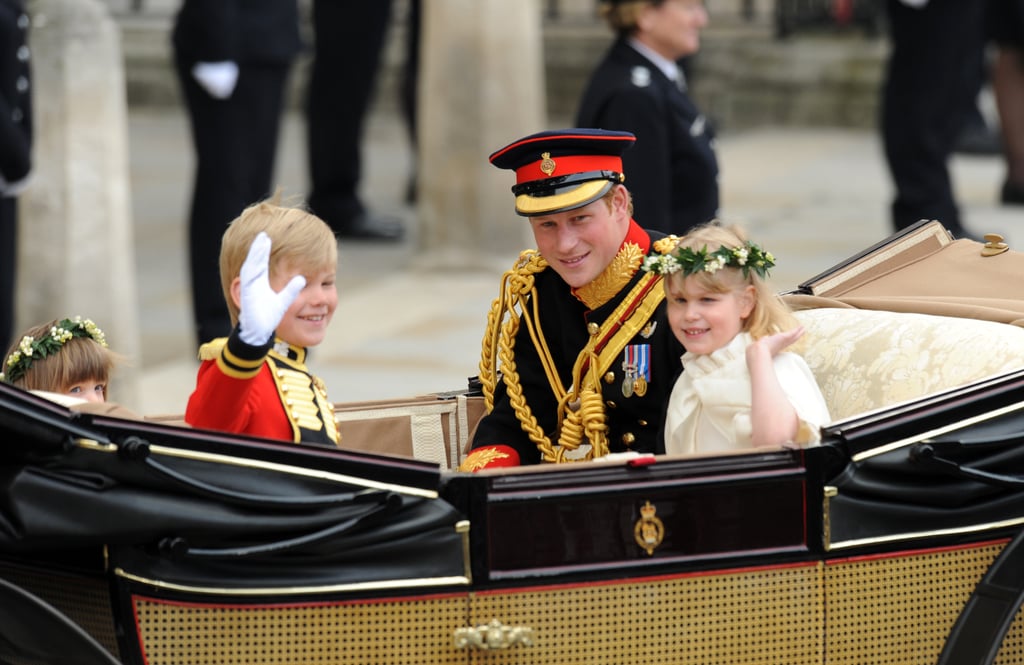 Prince Harry rode in the same carriage with two of Kate and William's bridesmaids and one of their page boys after their wedding in 2011.