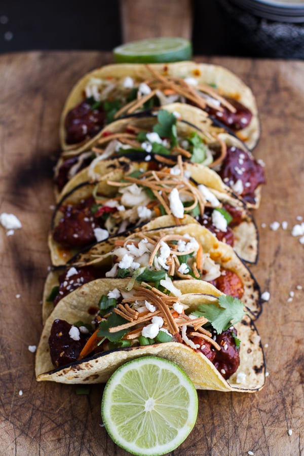 Korean Fried Chicken Tacos With Sweet Slaw, Crunchy Noodles, and Queso Fresco