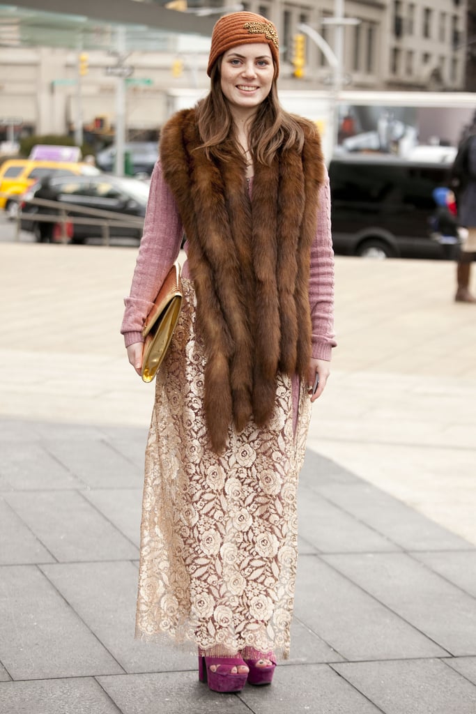Furry layers anchored a lacy skirt for a ladylike, vintage vibe.
Furry layers anchored a lacy skirt for a ladylike, vintage vibe.