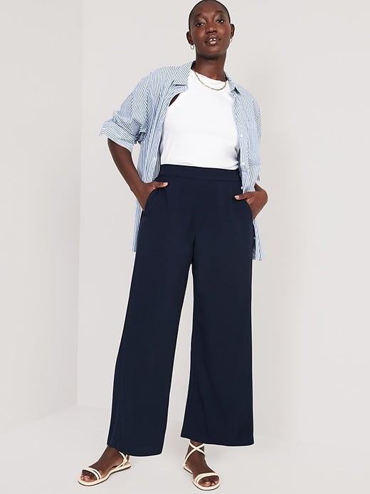 Wide Leg Stretch Rayon Pocket Pants Navy Blue