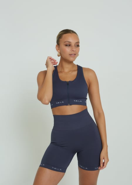 Tala Ixia Court Seamless Zip Sports Bra in Vintage Navy