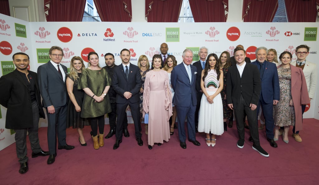 Prince Charles posed with Cheryl, Olivia Colman, Tom Hardy, Helen McCory, Olly Murs, Tom Jones, Tom Fletcher, Giovanna Fletcher, Melanie Chisholm, Caroline Flack, Phillip Schofield, Laura Whitmore, Kate Garraway, Bryan Cranston, Aston Merrygold, and Naughty Boy.