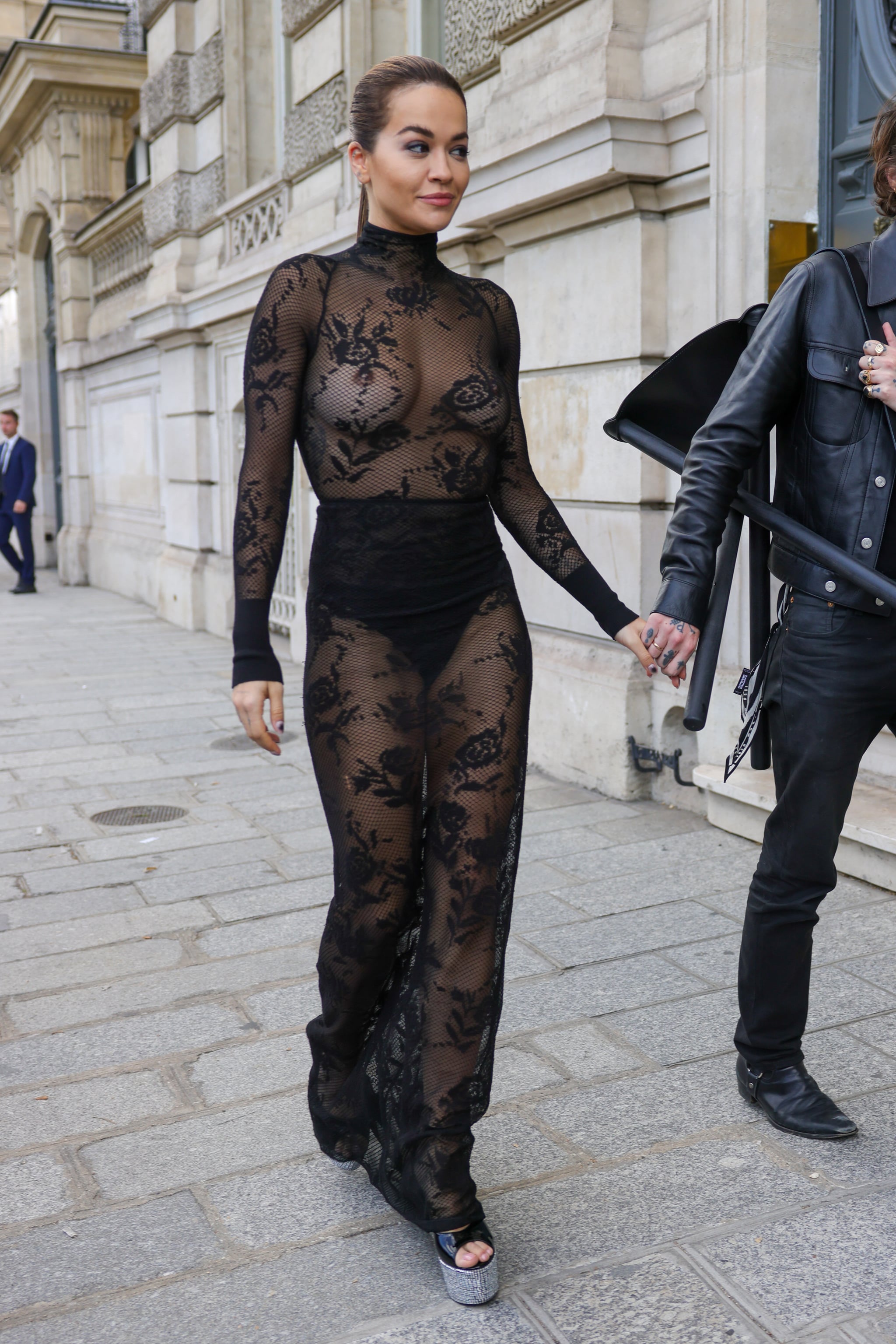 Rita Ora spotted in see-through lacy leggings while filming a new project  in Notting Hill, London, UK