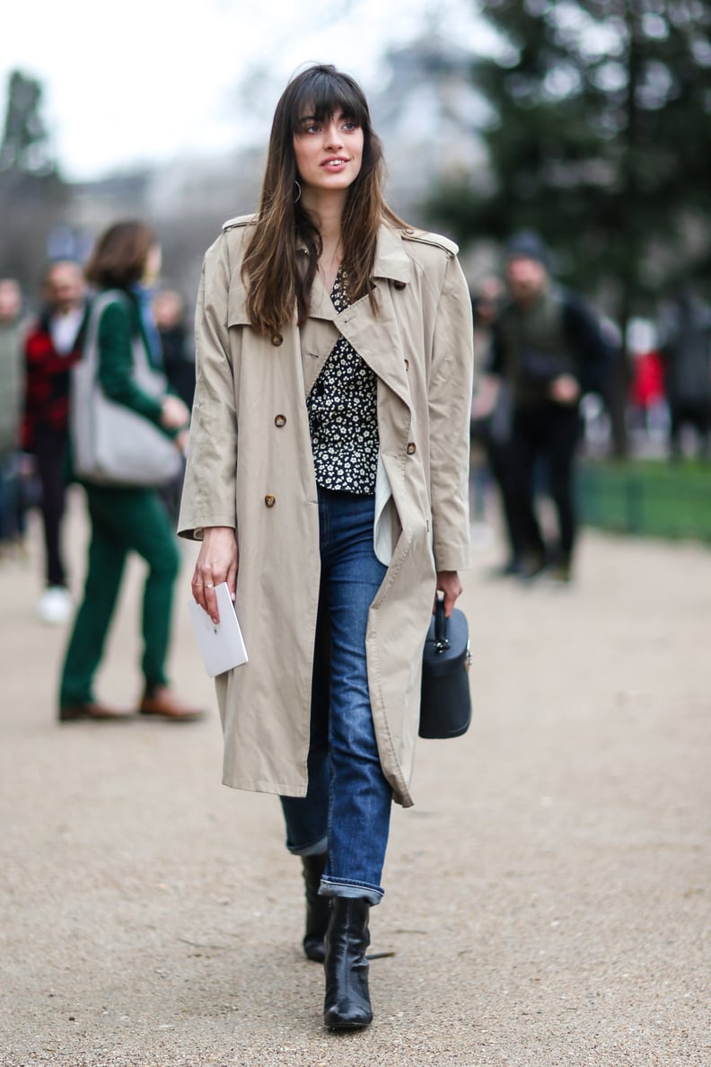 A Leopard-Print Top, Jeans, Ankle Boots, and a Long Trench Coat