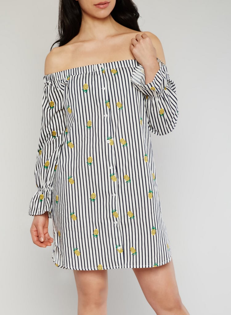 This is a dress that you could totally rock to the office and then out for happy hour. 
 Off the Shoulder Striped Pineapple Print Shift Dress ($20)