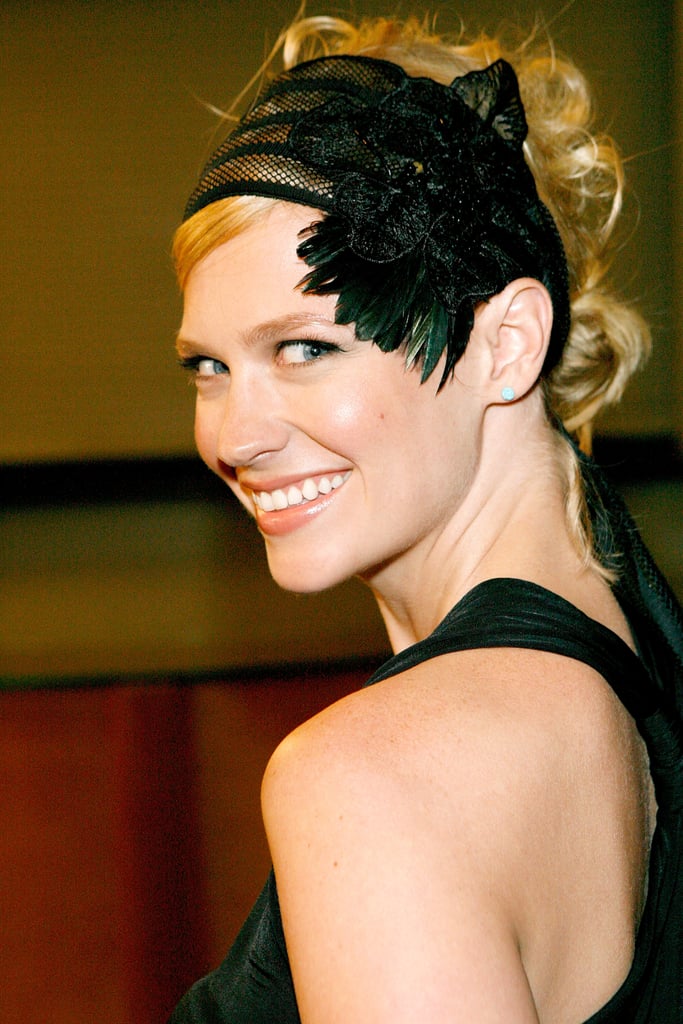 January showed off her modern style with a major headpiece that featured feathers, mesh, and a flower at the Mad Men season-two wrap party back in 2008.