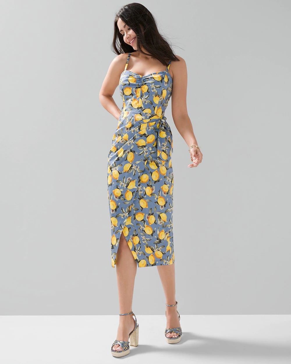 Lemon Print Faux Wrap Midi Dress ...