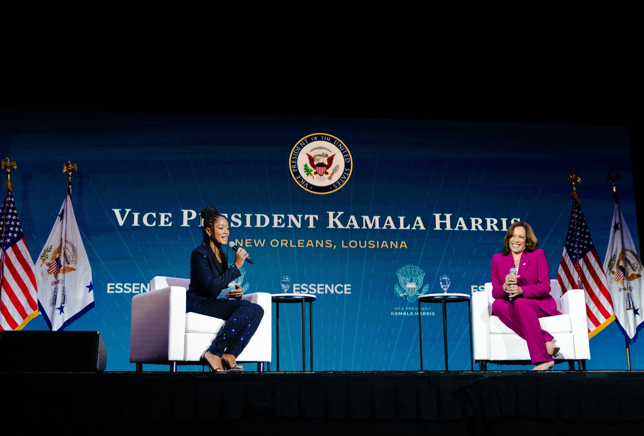 Actress KeKe Palmer (L) and US Vice President Kamala Harris speak onstage during the 2022 Essence Festival of Culture at the Ernest N. Morial Convention Centre on July 2, 2022 in New Orleans, Louisiana. (Photo by Jade Thiraswas / AFP) (Photo by JADE THIRASWAS/AFP via Getty Images)