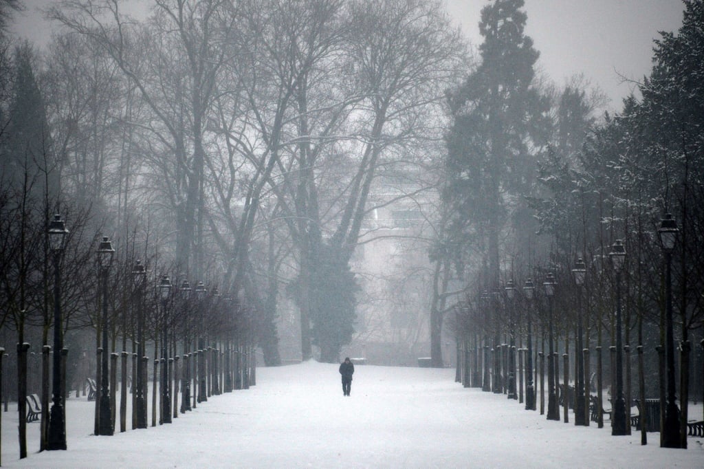 A man walked through the Orangerie park in Strasbourg, France, on a snowy day.