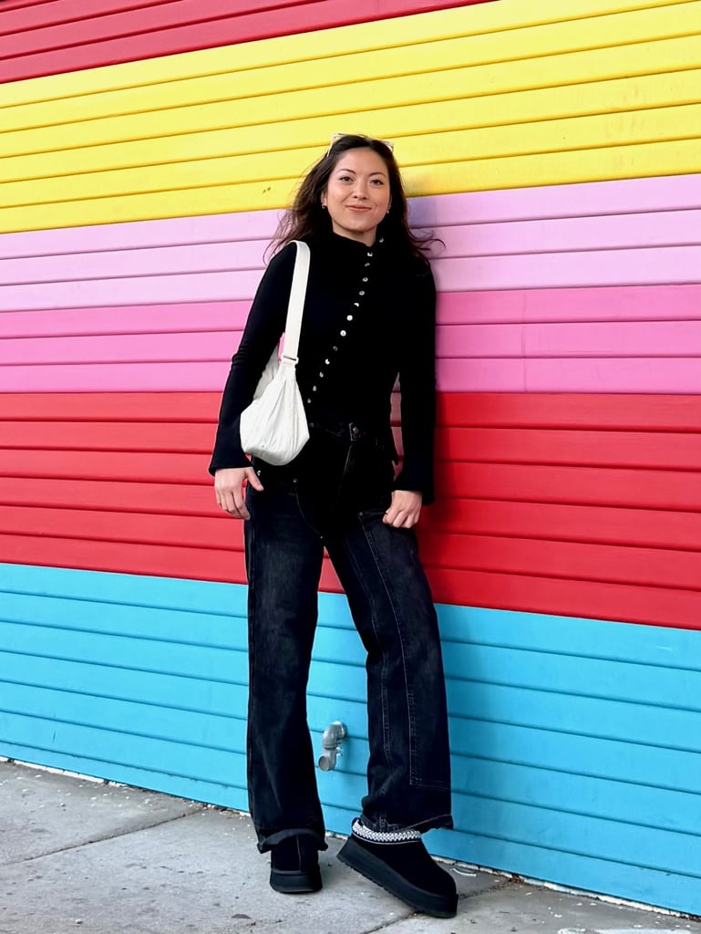 "From my days asking for Fuggs as a 10-year-old to getting my first real, coveted pair of Classic Shorts when I was in middle school to upgrading to the very modern UGG Tazz II ($145) as a 31-year-old — wow, I've come a long way. Many of my friends now have the Tazz style, and I love the height of the slip-ons as well as their versatility. Living in San Francisco, I can wear these dressed up in all black to a dinner out with the gals or a brunch date with my partner. For this look, I opted for my favorite Rails workwear jeans, an asymmetrical Topshop sweater, and a casual Uniqlo cross-body. The UGGs are unexpected, sleek, and so comfy. My 10-year-old self would be proud." — Lena Felton, senior director of special projects