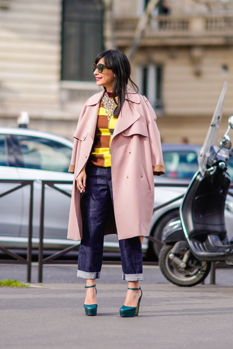 With a Pink Coat, a Colorful Top, and Mary Jane Pumps