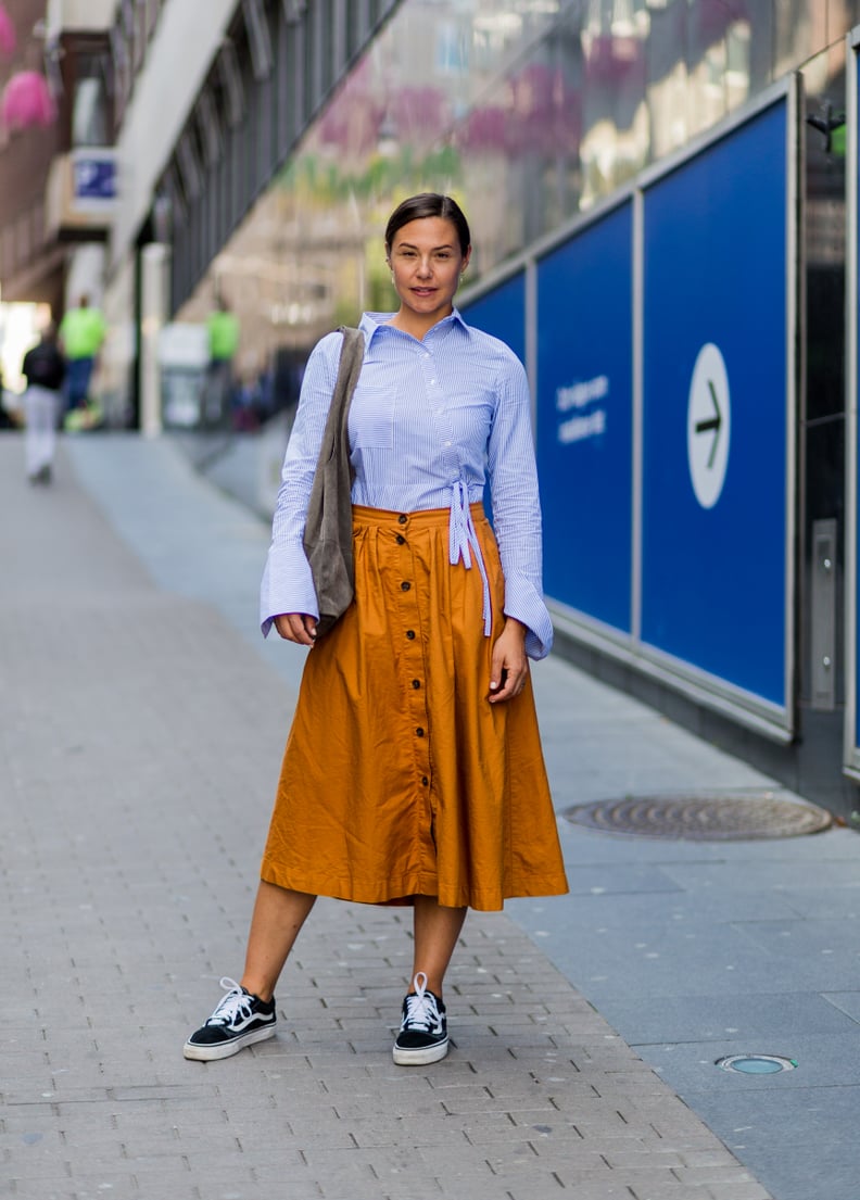 With a Collared Shirt and Button-Up Midi Skirt