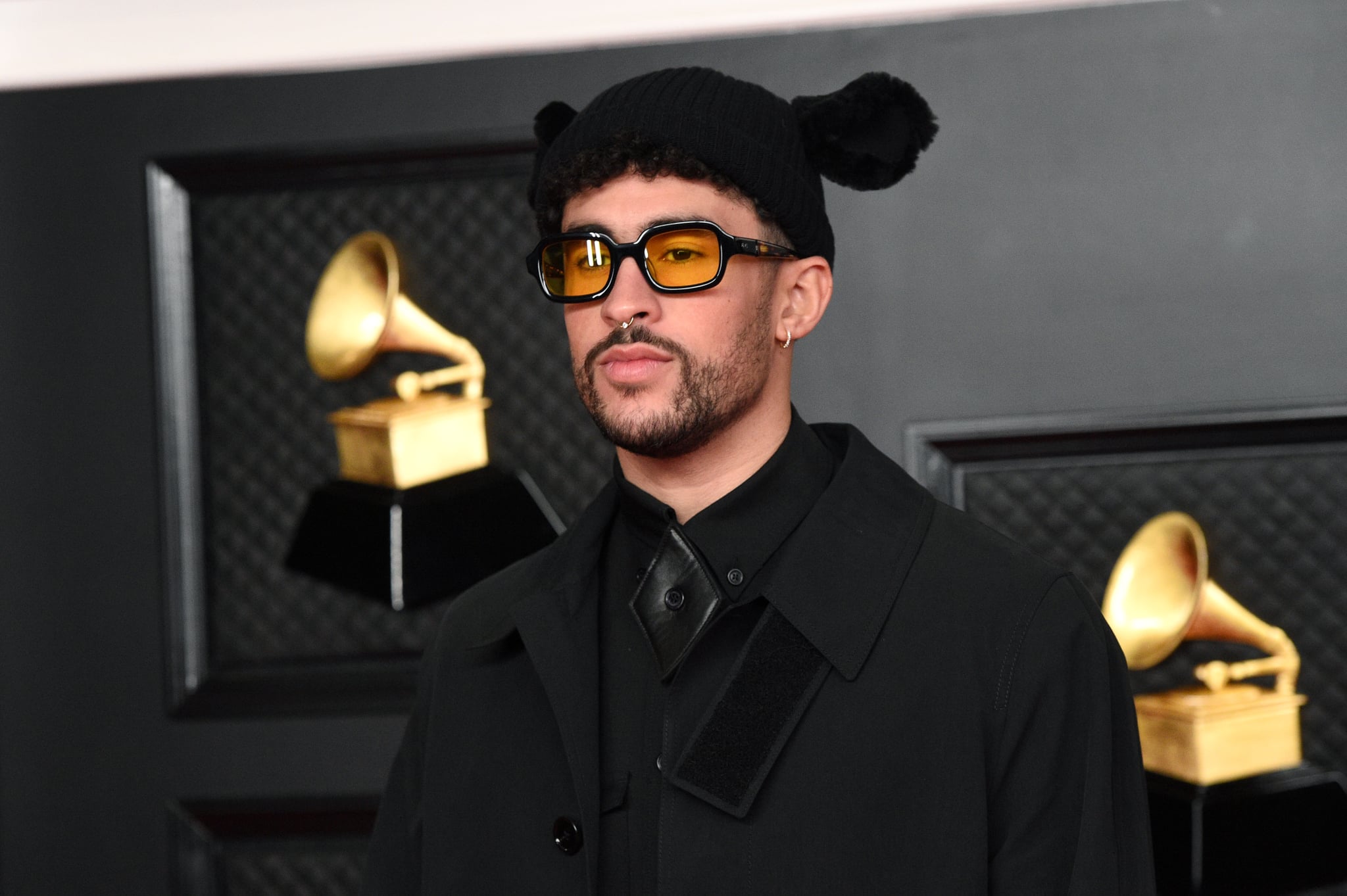 LOS ANGELES, CALIFORNIA - MARCH 14: Bad Bunny attends the 63rd Annual GRAMMY Awards at Los Angeles Convention Center on March 14, 2021 in Los Angeles, California. (Photo by Kevin Mazur/Getty Images for The Recording Academy )