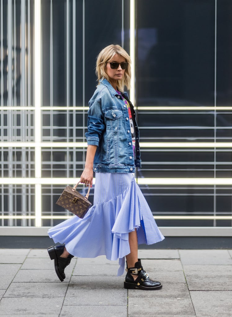 Bring your ruffled Summer skirt into Fall when you throw on your denim jacket, and ground out the look with combat boots.