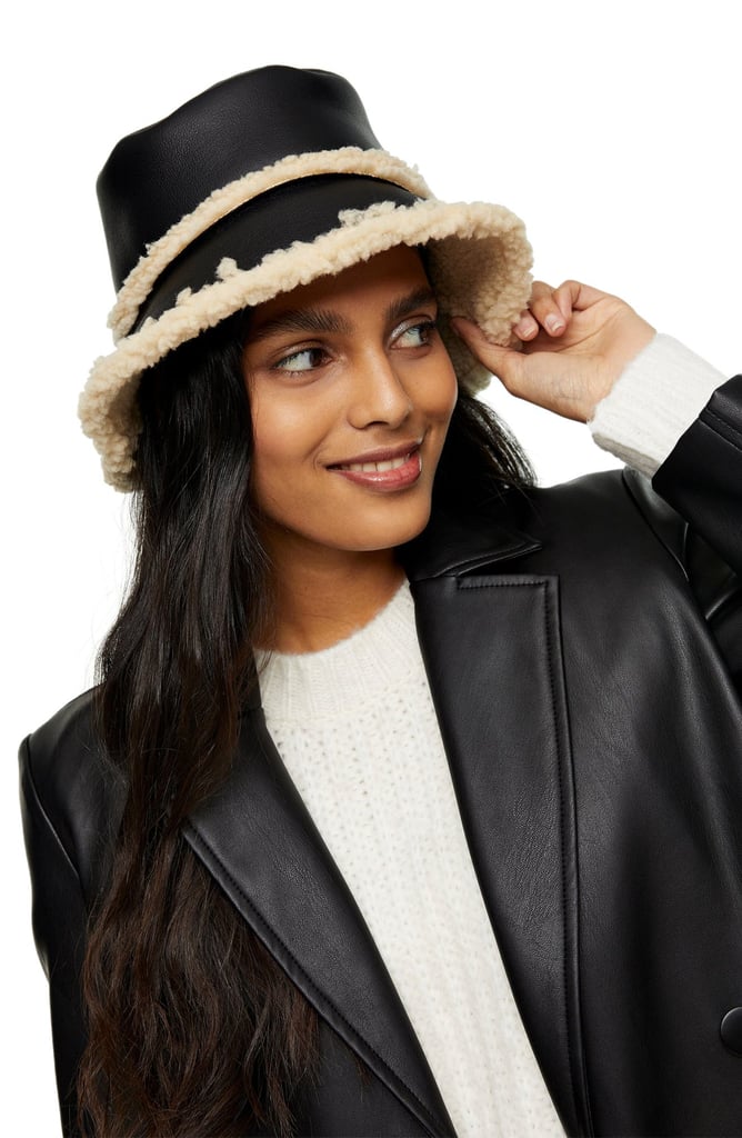 Topshop Faux-Leather Borg Bucket Hat