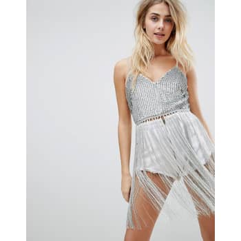 Emily Ratajkowski sparkles in silver fringe metal mesh crop top and mini  skirt