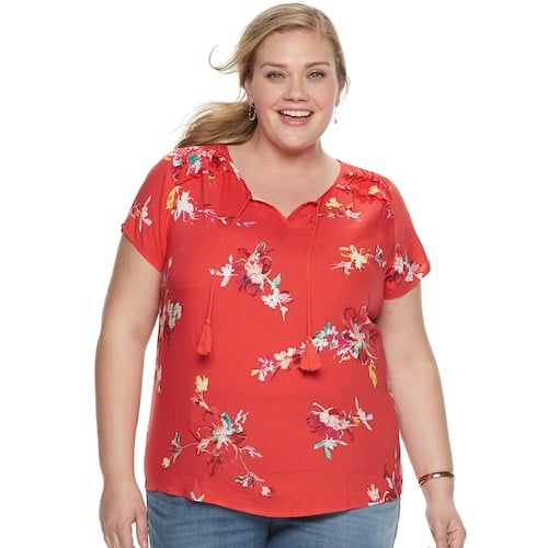 EVRI Plus Size Ruffle Yoke Splitneck Top