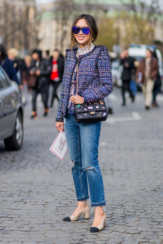 Go high-low with a ladylike tweed jacket and distressed skinny jeans for Fall, Winter, and Spring alike.