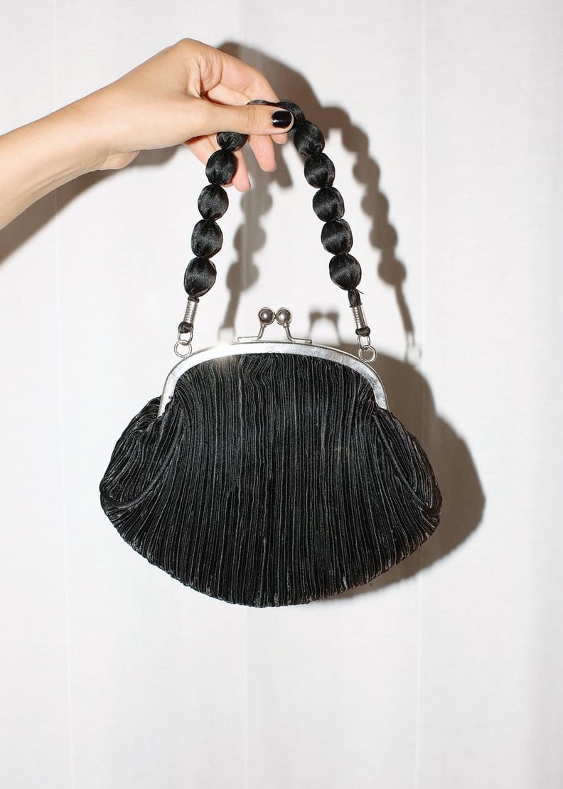 Vintage Black Micro Pleat Handbag With Satin Beaded Handle