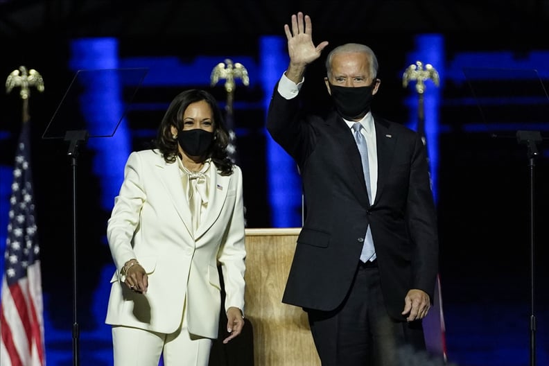 WILMINGTON, DELAWARE - NOVEMBER 07:  President-elect Joe Biden and Vice President-elect Kamala Harris take the stage at the Chase Center to address the nation November 07, 2020 in Wilmington, Delaware. After four days of counting the high volume of mail-i