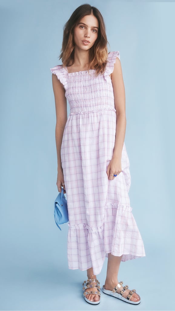 English Factory Plaid Midi Dress with Ruffles