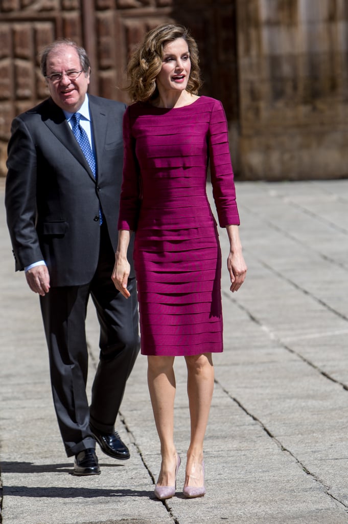 Paired with: pale purple pumps to complement the pleated fuchsia color of the dress