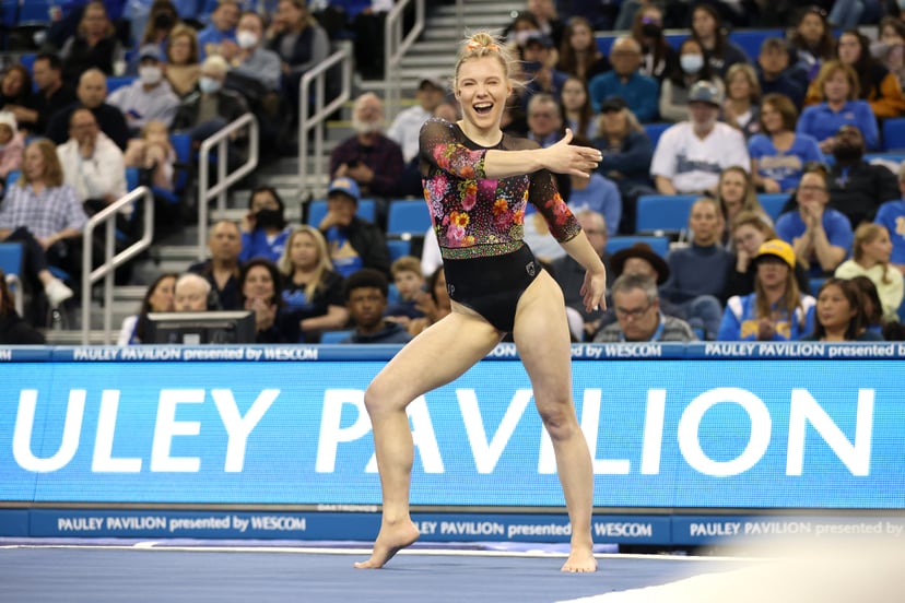 LOS ANGELES, CALIFORNIA - JANUARY 29: Jade Carey of the Oregon State Beavers competes on floor exercise against the UCLA Bruins at UCLA Pauley Pavilion on January 29, 2023 in Los Angeles, California. (Photo by Katharine Lotze/Getty Images)