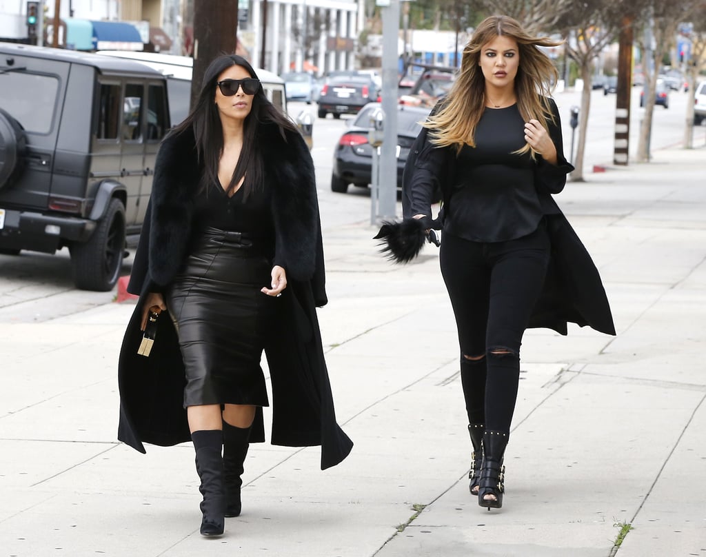 Kim Kardashian and Khloé Kardashian wore matching outfits in Woodland Hills in LA on Friday.