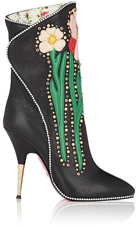 Gucci Women's Floral-Appliquéd Leather Ankle Boots