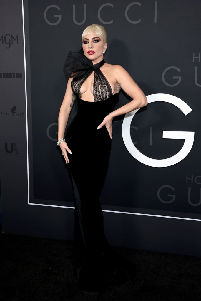 Lady Gaga Wears Velvet Dress With Sheer Polka Dot Halter Top