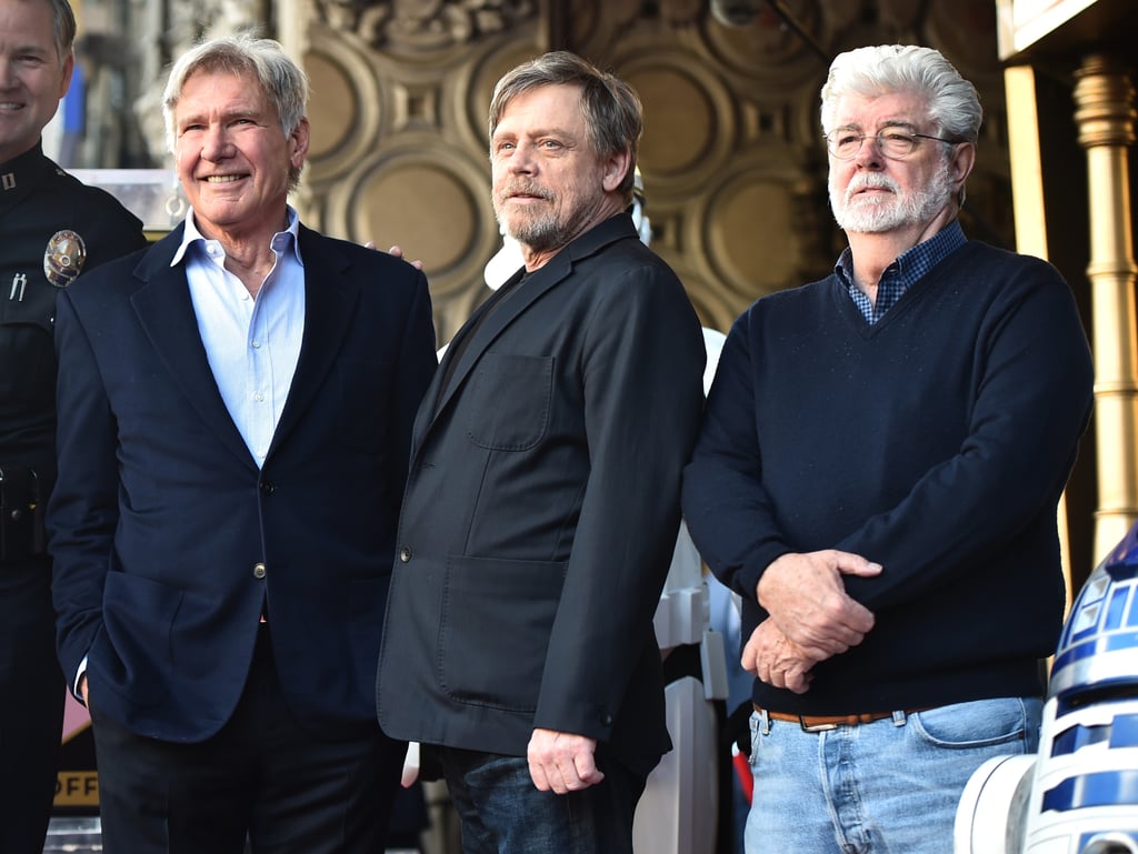 Pictured: Harrison Ford, Mark Hamill, and George Lucas.