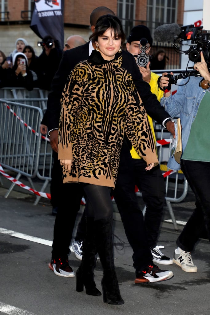 Selena Gomez Wearing a Cheetah Print Hoodie in Paris