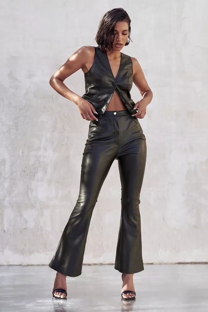 Tall Leather Look High Waisted Flared Trousers | boohoo