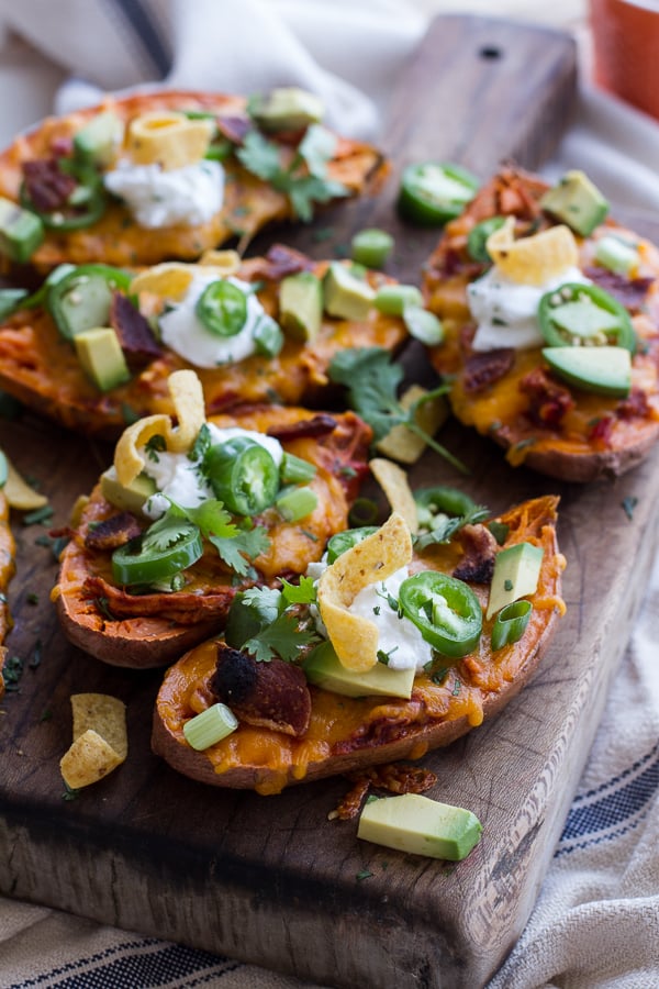 Chicken Chili Con Carne Stuffed Sweet Potato Skins