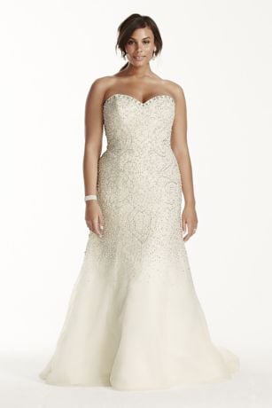 Strapless Crystal Beaded Tulle Fit and Flare Gown