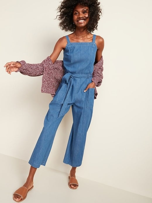 Sleeveless Tie-Belt Utility Jean Jumpsuit