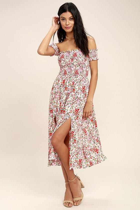 Lulus View From the Meadow Cute Cream Floral Print Off the Shoulder Dress