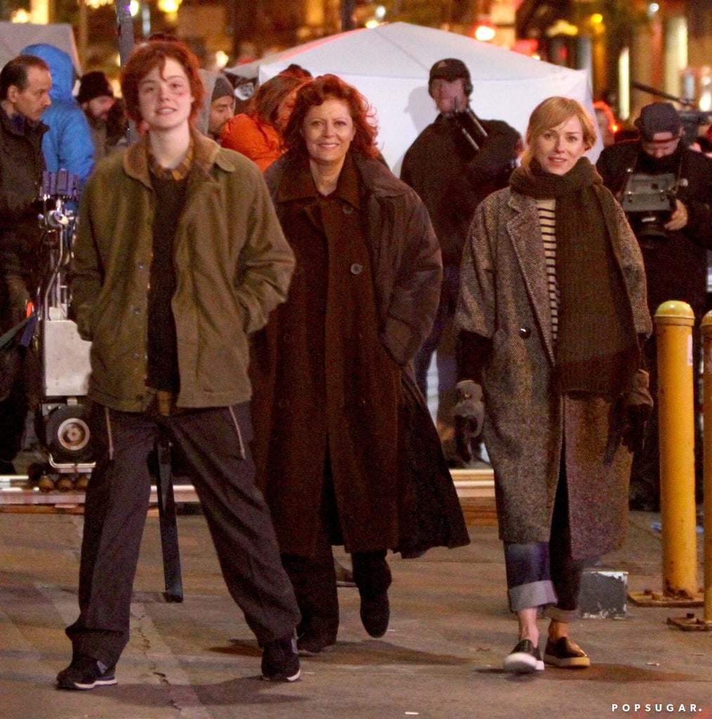 Elle Fanning, Susan Sarandon, and Naomi Watts filmed scenes for their upcoming movie, Three Generations, in NYC on Friday.