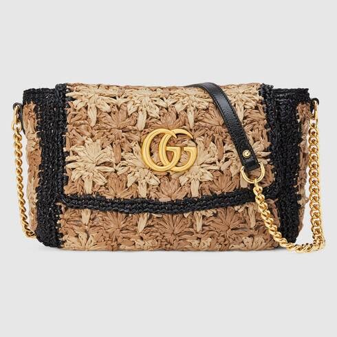 GG Marmont Raffia Small Shoulder Bag in Black and Beige