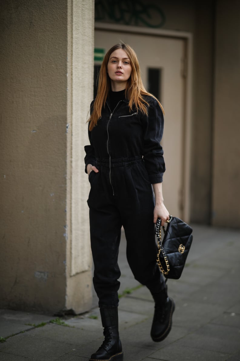 Utility Jumpsuit, Quilted Bag, and Doc Martens Boots