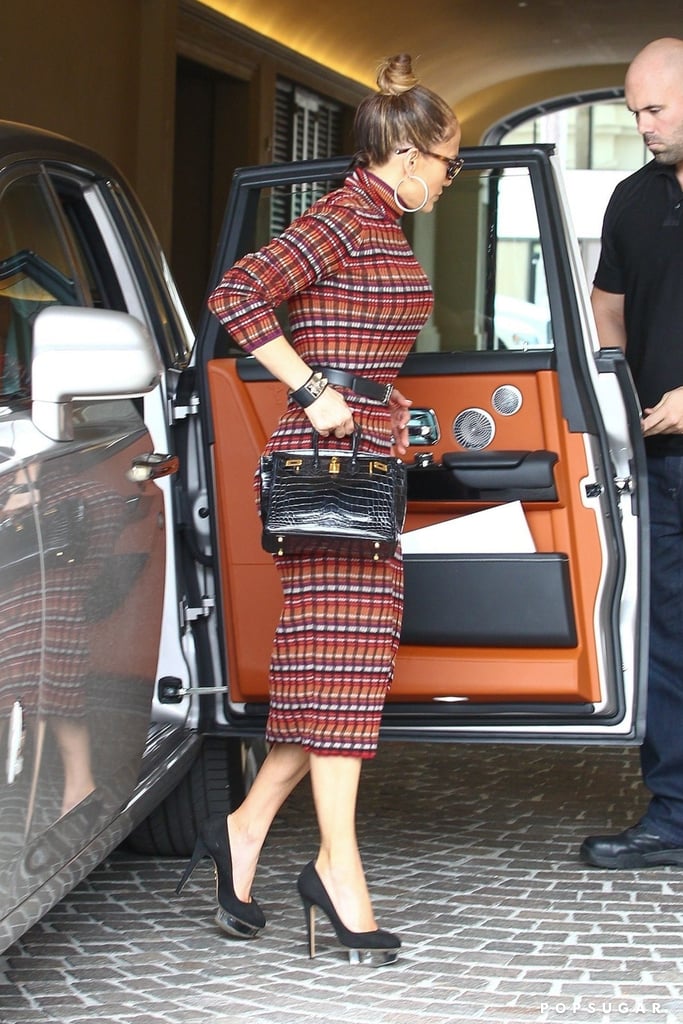 Jennifer Lopez Plaid Dress and Platform Heels