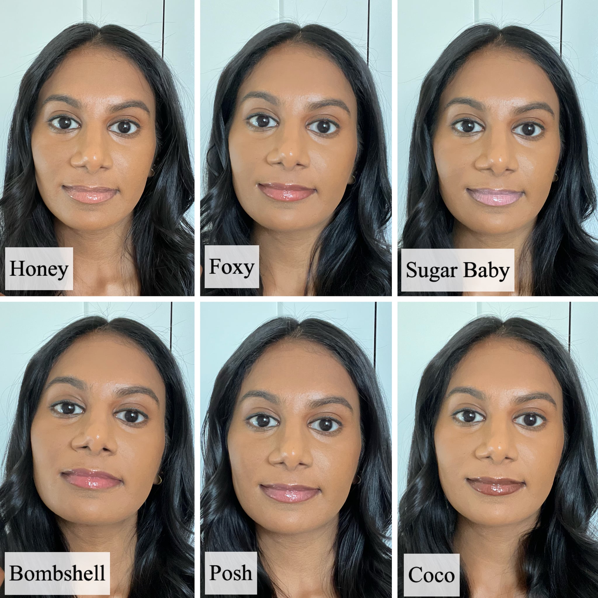 Swatches of the Huda Beauty Faux Filler Extra Shine Lip Gloss.
