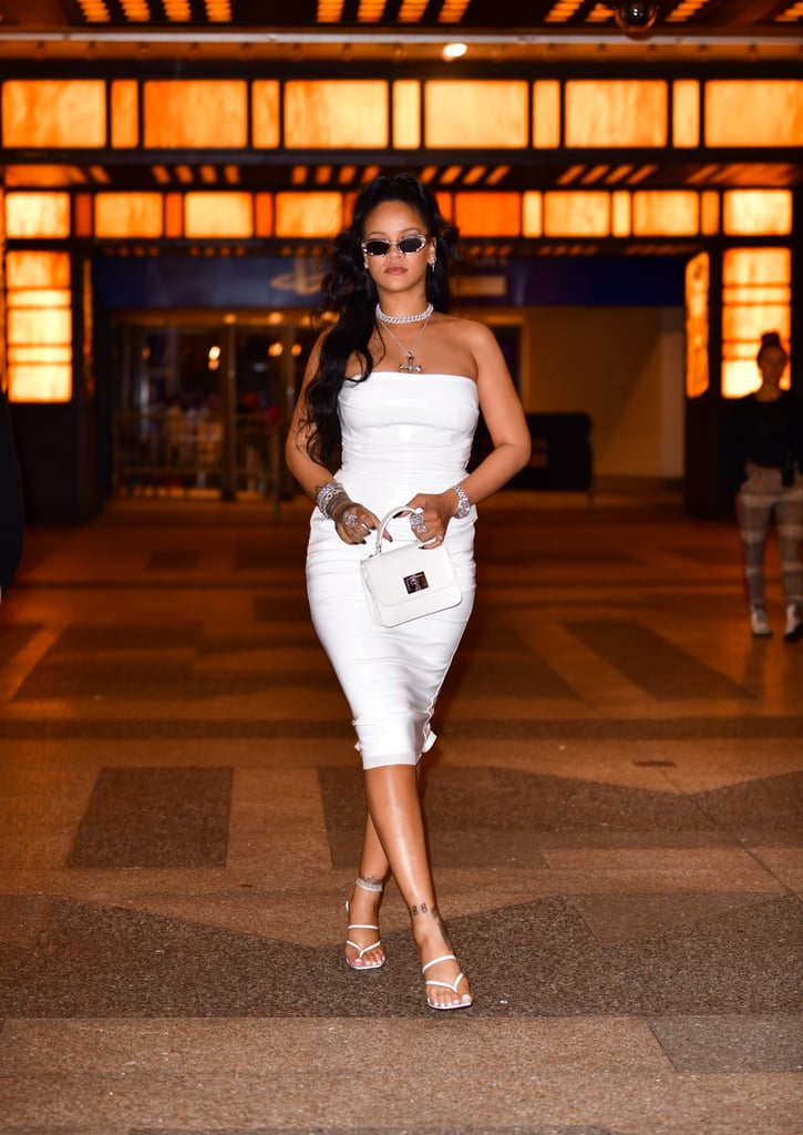 Rihanna's White Alex Perry Dress Fenty Sandals October 2019